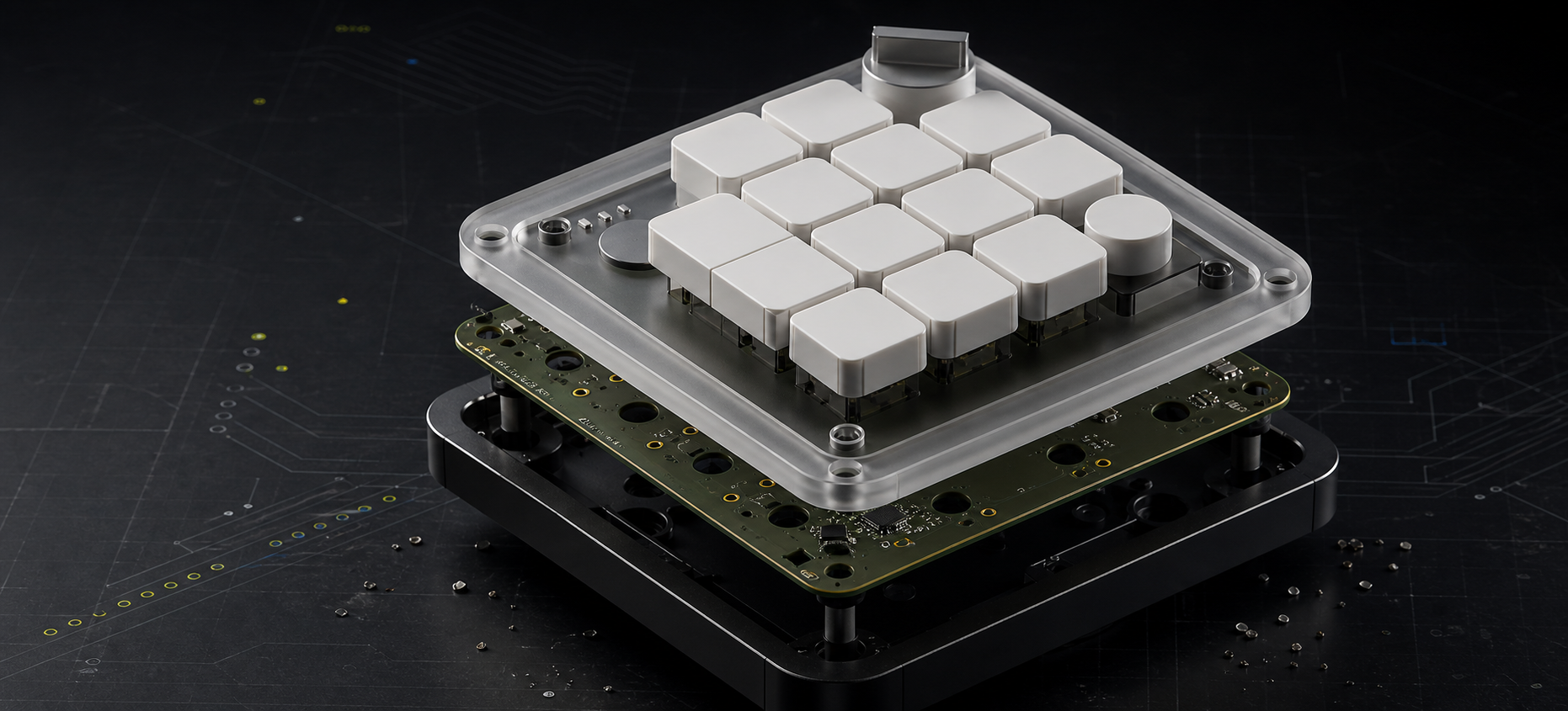 Exploded CODEX KEYBORED product visualization