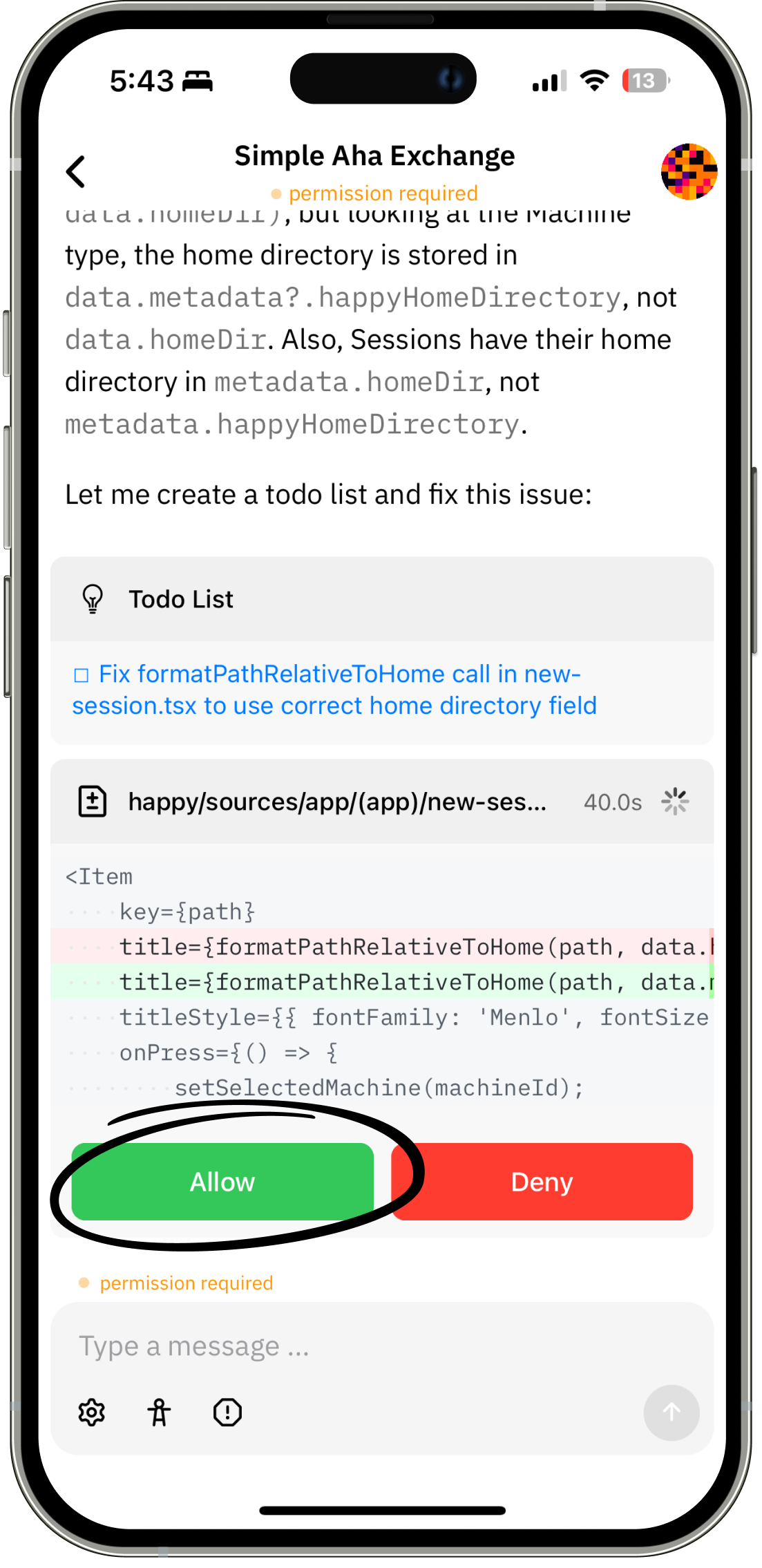 Claude Code in Happy Coder App Screenshot