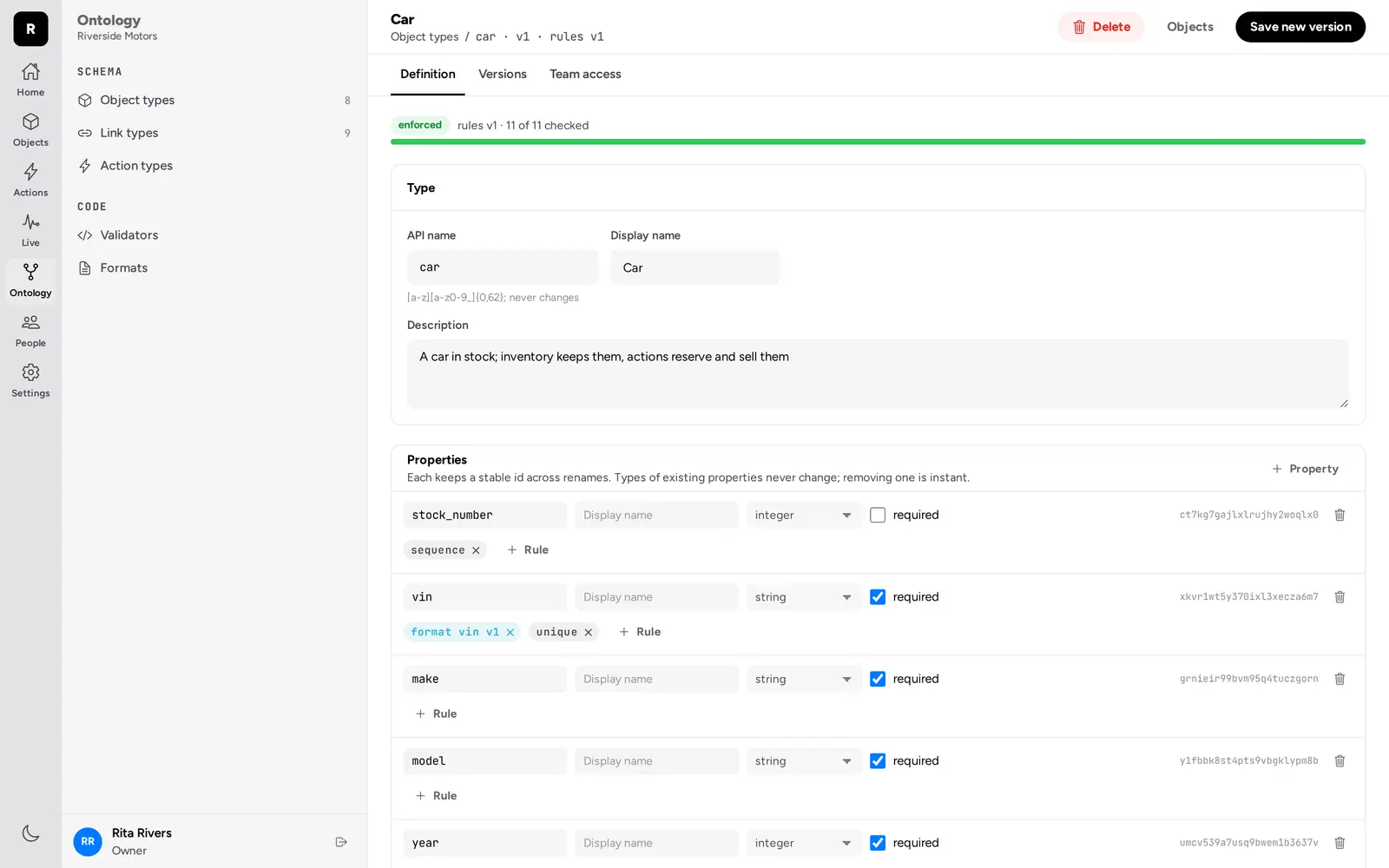 The car type in the web app: a stock_number sequence and the vin format