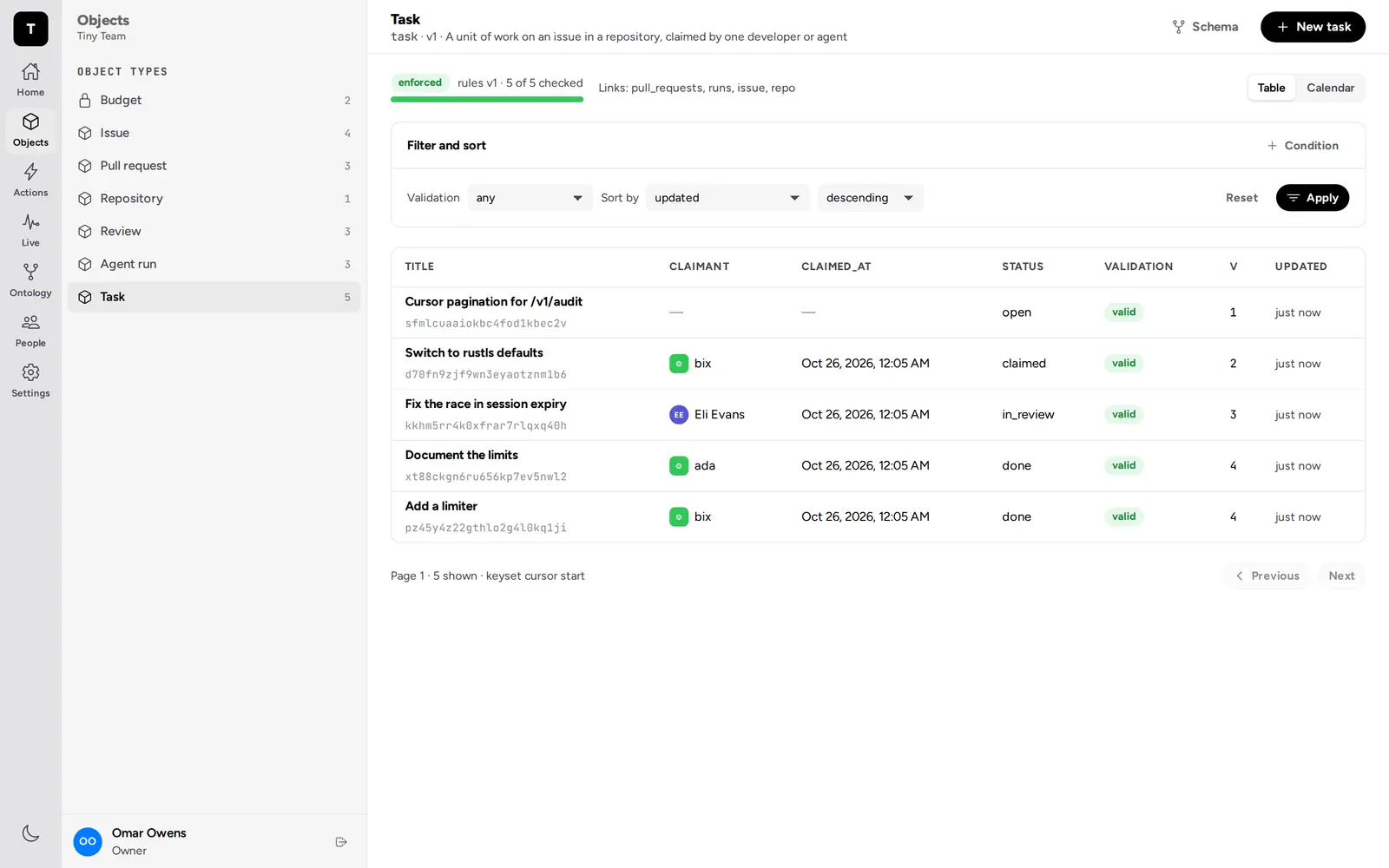 Tasks in the web app, with who claimed each one and its status
