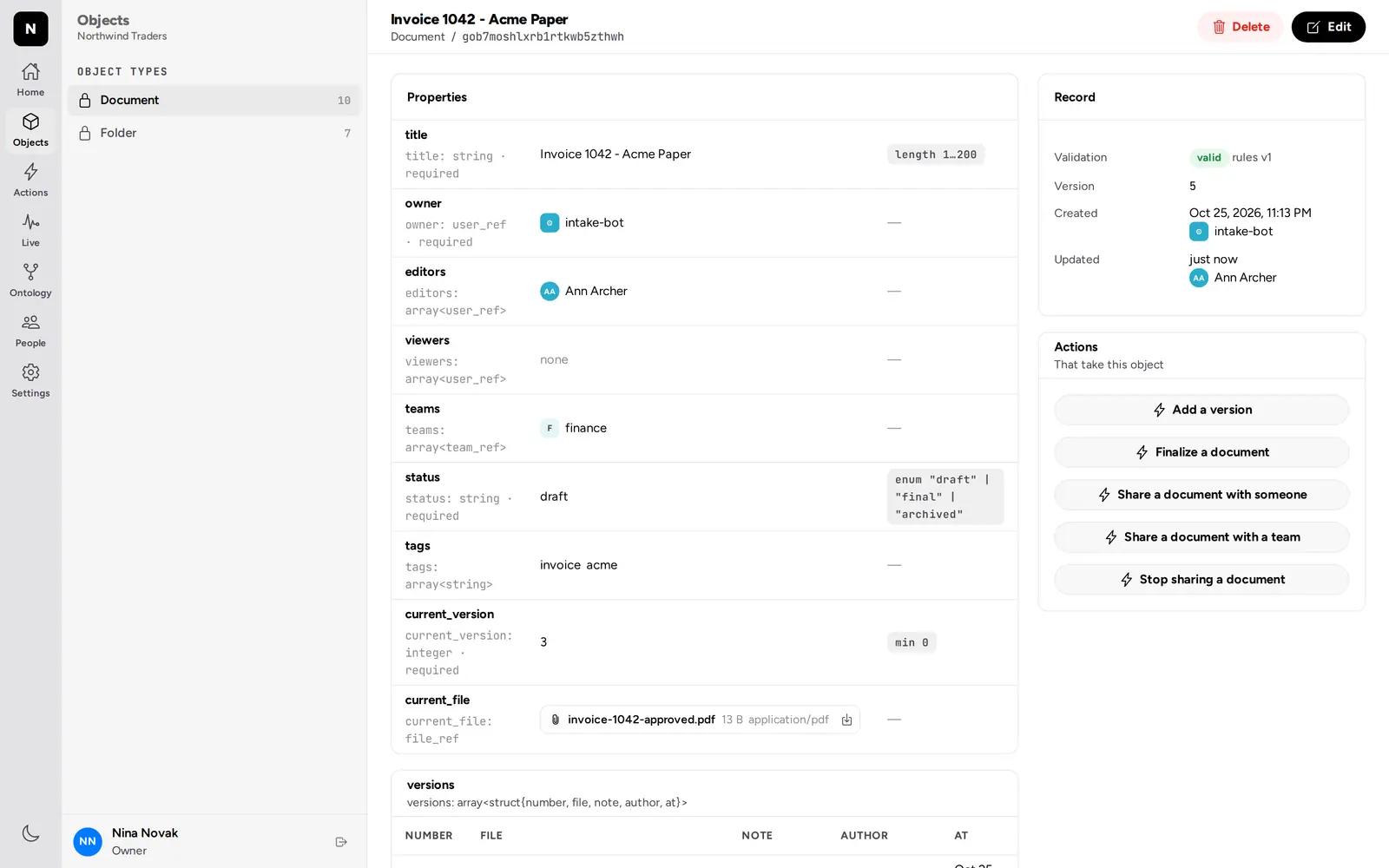 The invoice in the web app, with its owner, editors, team, and versions