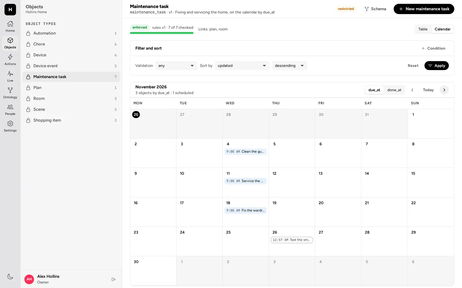 The maintenance calendar in the web app: next month's smoke alarm check, from the caretaker's schedule, drawn ahead of time