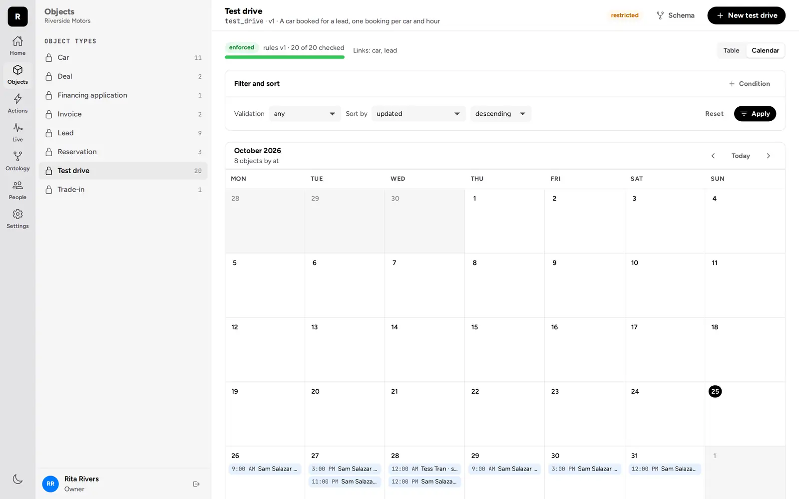 Test drives on a month calendar