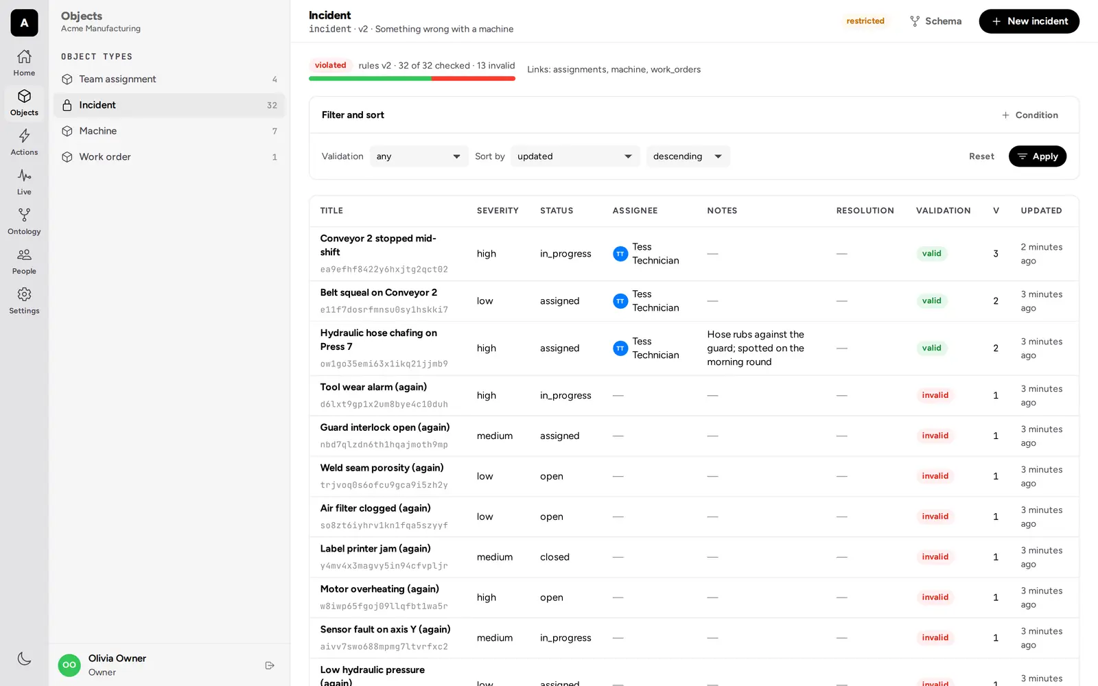 The web app's object table: incidents with their severity, status, assignee, and validation state