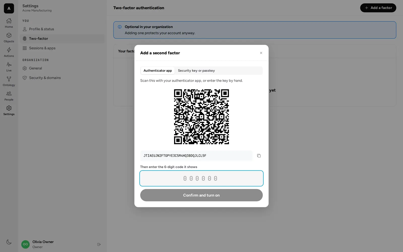 Adding an authenticator app as a second factor
