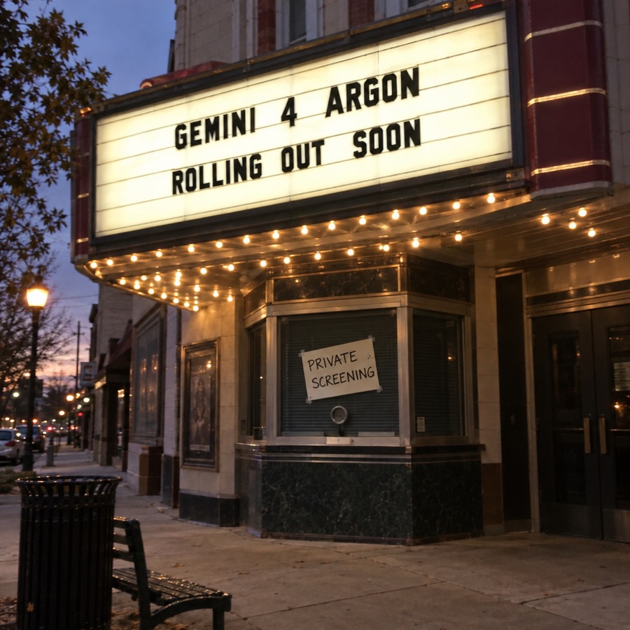 A lit movie-theater marquee at dusk reads "GEMINI 4 ARGON / ROLLING OUT SOON". A paper sign on the closed box office says "PRIVATE SCREENING."