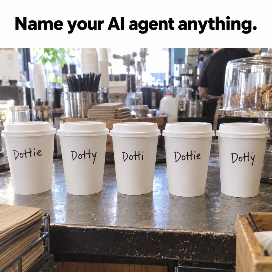 Five identical coffee cups on a café counter, labeled in marker Dottie, Dotty, Dotti, Dottie, Dotty. Caption: "Name your AI agent anything."