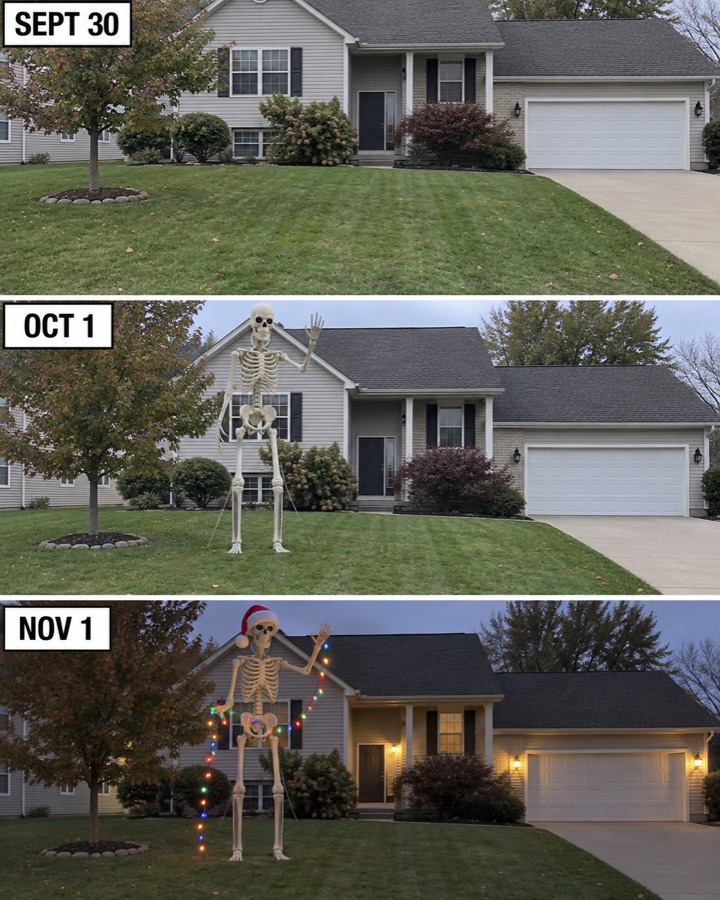 Three photos of the same front lawn. On Sept 30 it is empty. On Oct 1 a 12-foot skeleton stands there. On Nov 1 the same skeleton wears a Santa hat and holds Christmas lights.