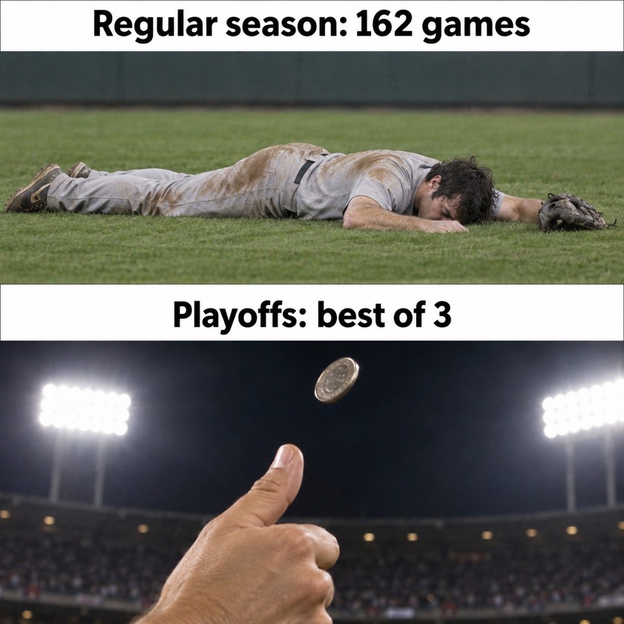 Two panels. "Regular season: 162 games" over an exhausted ballplayer face-down in the outfield. "Playoffs: best of 3" over a thumb flipping a coin under stadium lights.