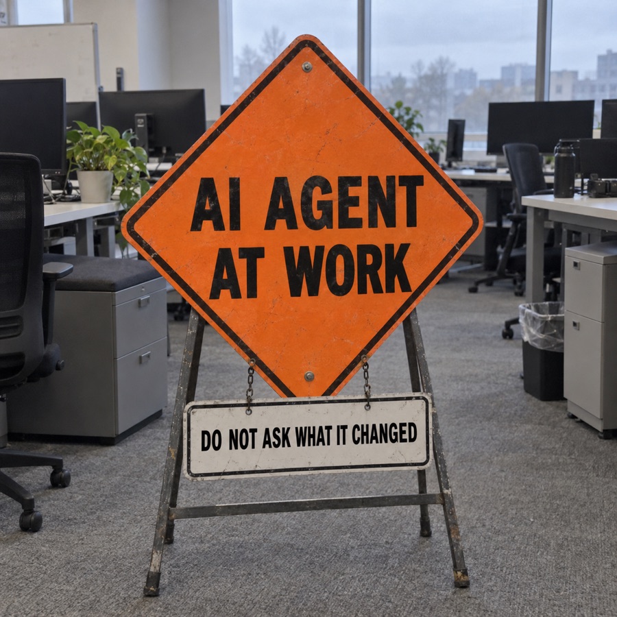 An orange road-work sign standing in an empty open-plan office: AI AGENT AT WORK, with a plate below: DO NOT ASK WHAT IT CHANGED.