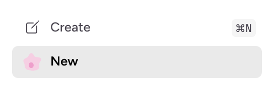 Happy's Create button, and below it a highlighted row called New with a pink stem cell as its icon.