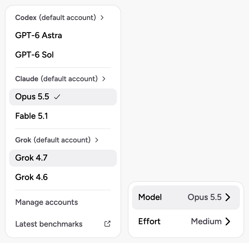 Happy's model picker, with Codex, Claude and Grok models in one list